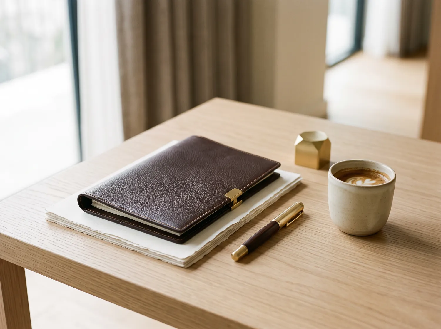 Aufgeräumter Schreibtisch mit Ledermappe, Füller und Kaffeetasse