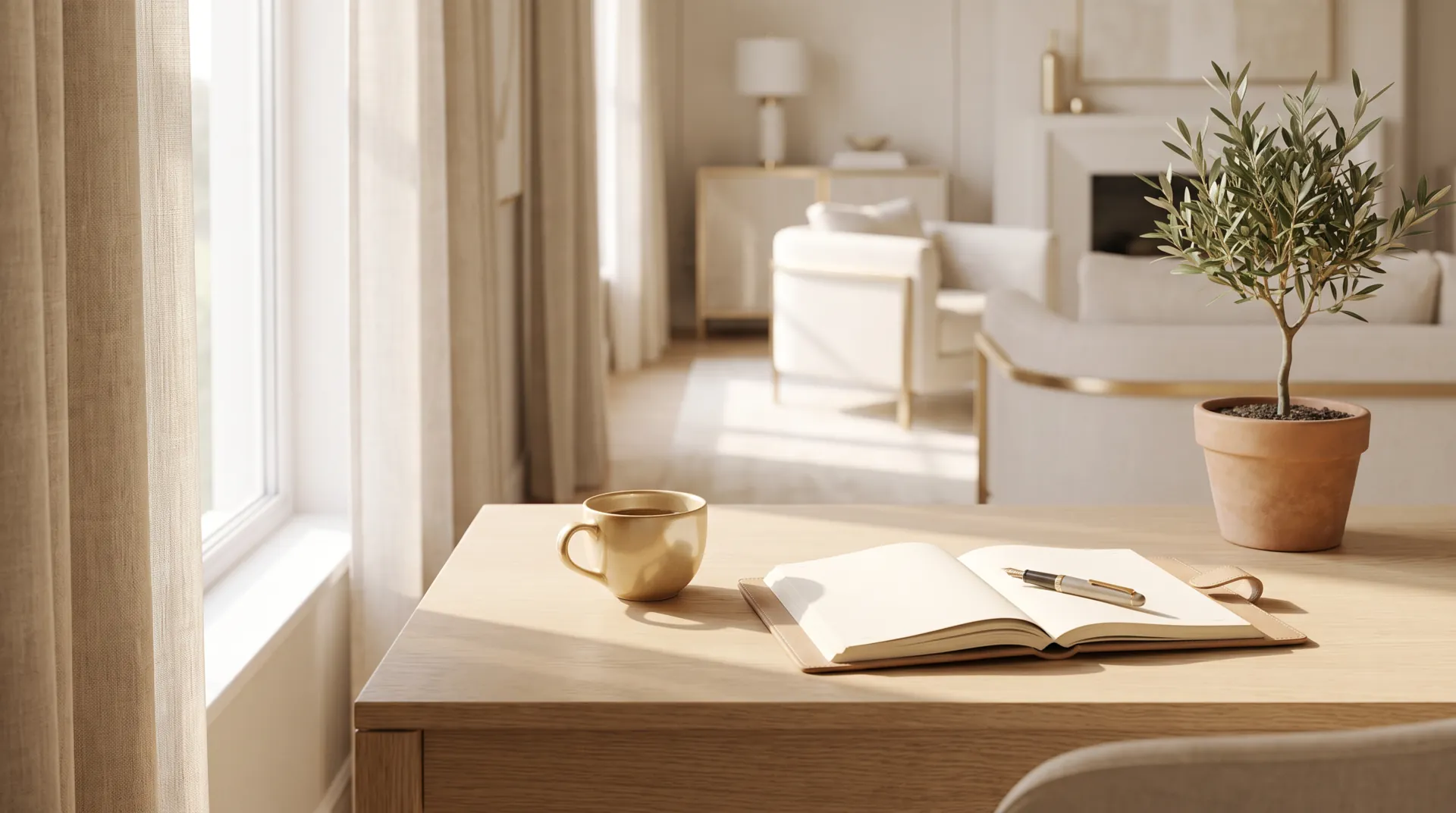 Schreibtisch im Morgenlicht mit Notizbuch, Kaffeetasse und Pflanze