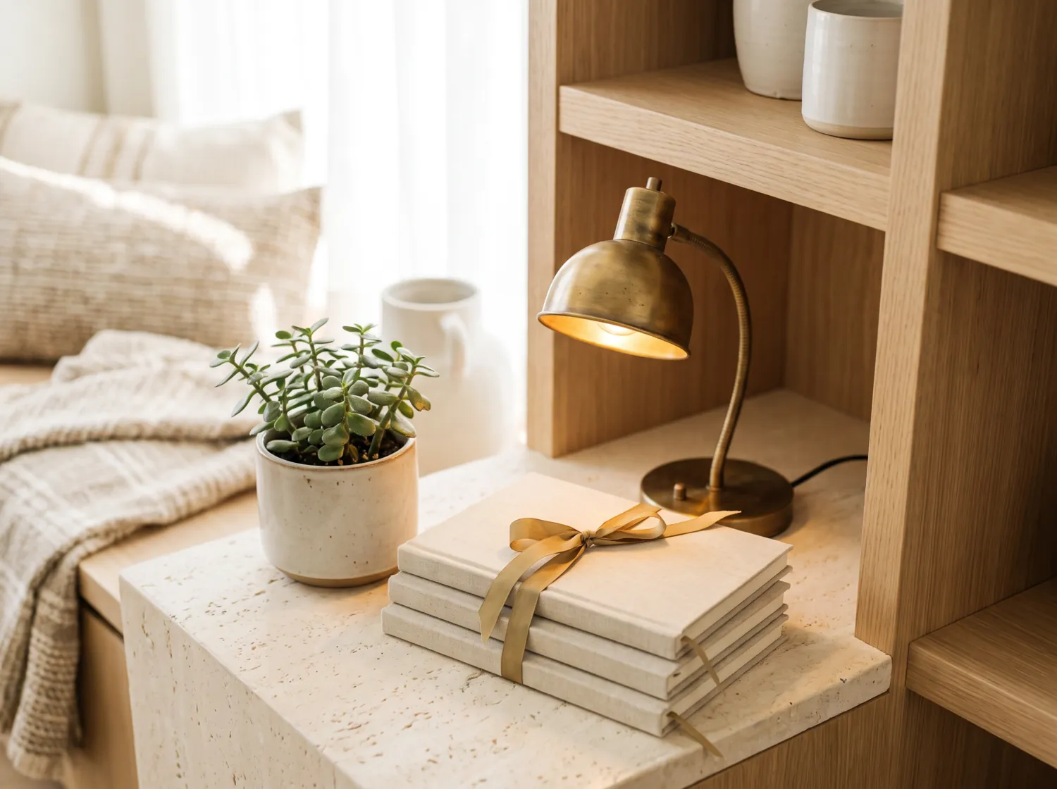 Ruhige Arbeitsplatzecke mit Pflanze, Notizbüchern und Messinglampe