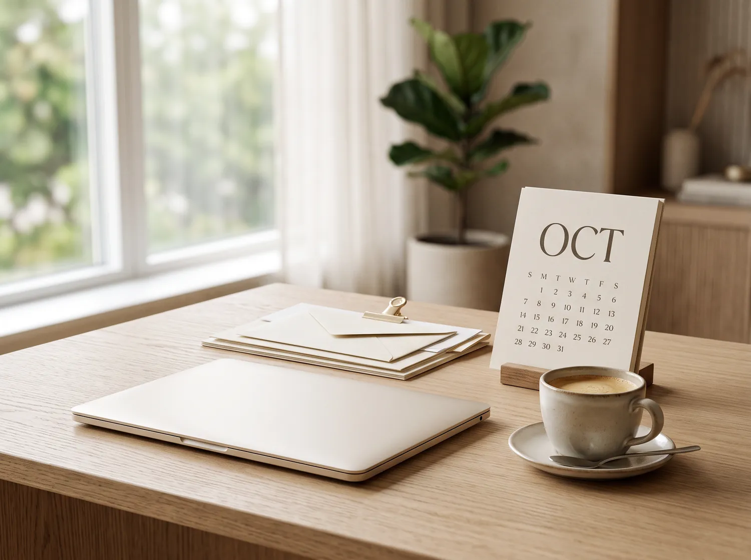 Back-Office-Arbeitsplatz mit Laptop, Kalender und Kaffeetasse